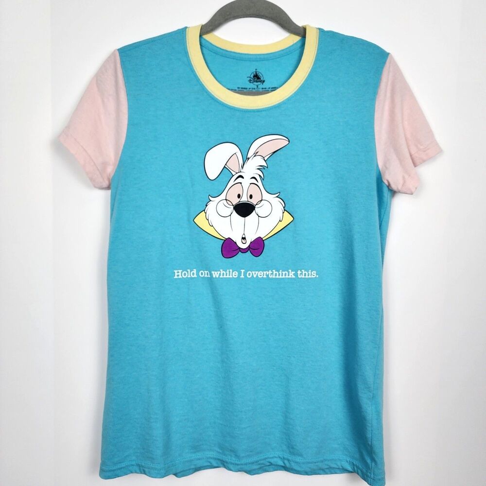 Disney Alice in Wonderland White Rabbit Graphic Tee Shirt T-Shirt Blue Size S